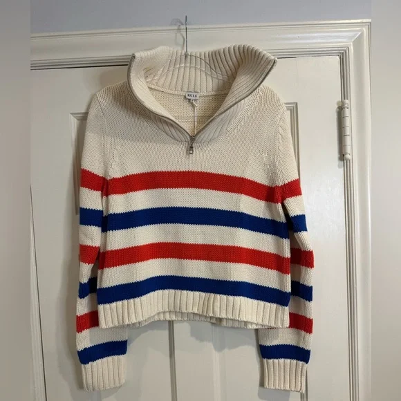 KULE Cream Knit Turtleneck Sweater with Red & Blue Stripes - Picture 2 of 8
